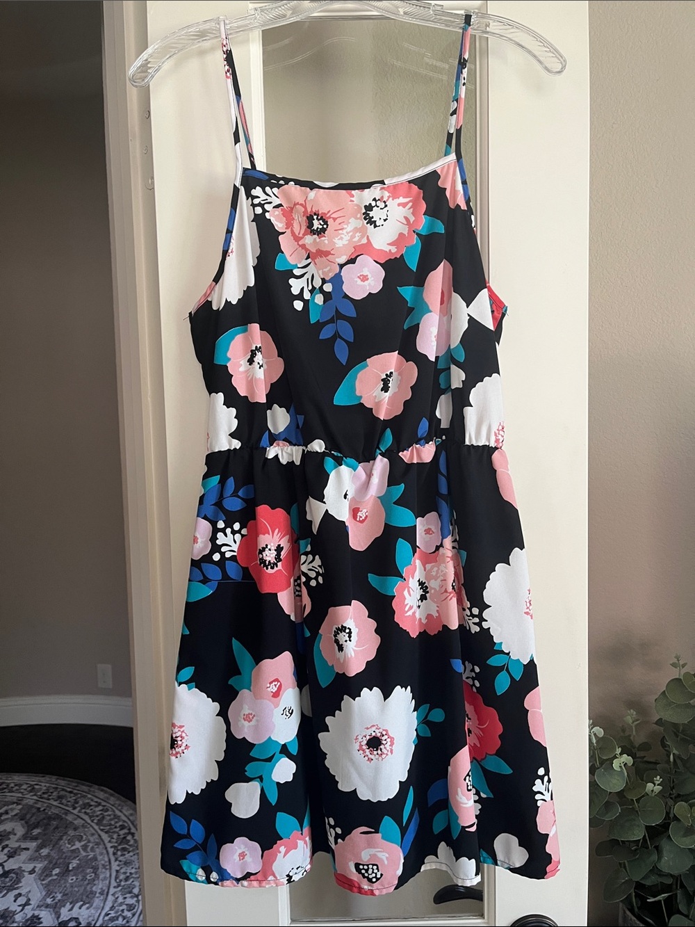 Floral Dress, Small, Black, Pastels, Back Opening Detail, Spaghetti Strap